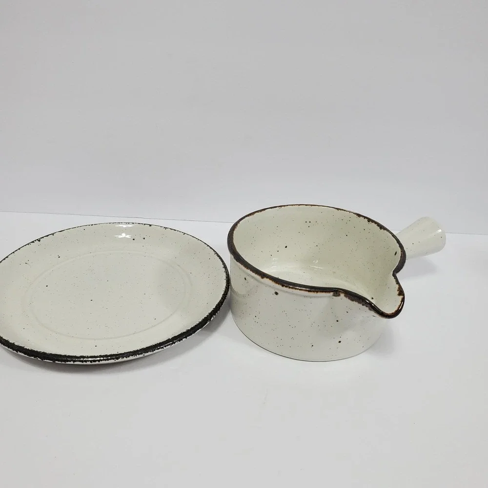 Midwinter Stonehenge Gravy Boat Cup & Saucer Set of 2 Cream Speckled Brown Trim
